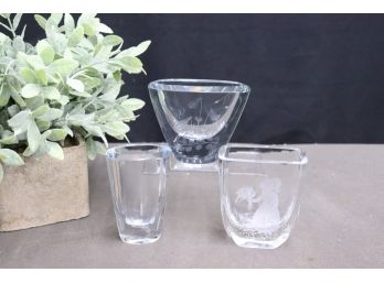 Three Thick Walled Glass Crystal Vases - All Etch Signed, Two By Sea Of Sweden