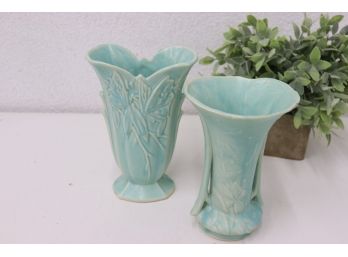 Two Early Nelson McCoy USA Matte Aqua Glaze Vases
