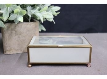 Brass Rod Framed Dresser Box  With White And Clear/etched Glass, Hecho En Mexico