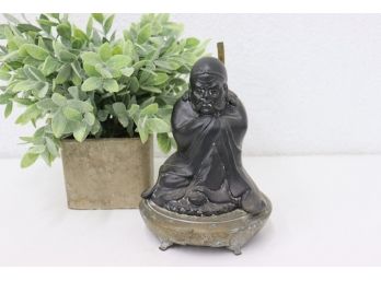 Grumpy Buddha Figurine On Engraved Brass Base With Hollow Brass Rod For Lamp Post