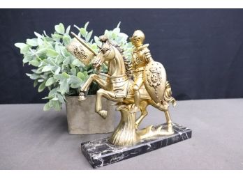 Medieval Armored Knight And Horse Pained Metal Statuette On Marble Base