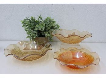 Trio Of Varied Thistle Pink Wavy Depression Glass Bowls