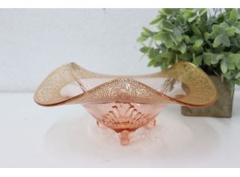 Vintage Triple Wave, Triple Foot Pink Pressed Glass Bowl With Gold Border Overlay