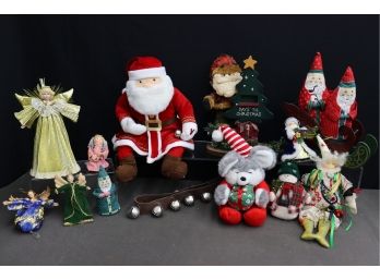 Group Lot Of Christmas Plushies, Angels Ornaments, Tree Toppers, Sleigh Bells And More