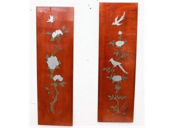 Wow. Two Fabulous Polished Bi-Metal Inlay Mahogany Wood Panels Featuring Flowers, Birds, Butterfly