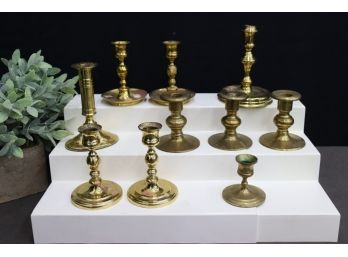 Grouping Of Brass And Brass-tone Turned Post Taper Candlestick Holders