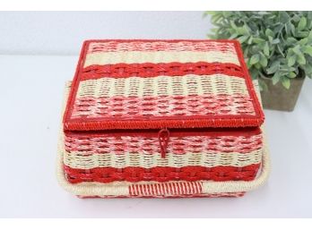 Red And White Rattan JCPenny Sewing Box - Full Of Sewing And General Tools