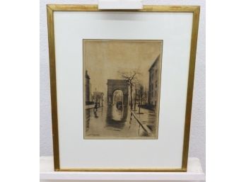 Rain On The Square Etching By Elias M. Grossman, Pencil Signed In Margin