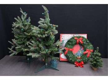 Talking Singing Christmas Wreath And Two Mini Artificial Christmas Trees With Colored Lights