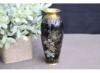 Superb. Near Solid Turned Brass Torpedo Vase With Artful Ornate Mother Of Pearl Inlay On Ebony Ground