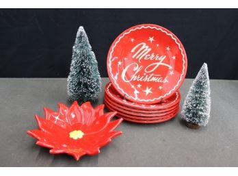 Six Red And White Merry Christmas Plates And One Glossy Red Lotus Flower Candy Dish