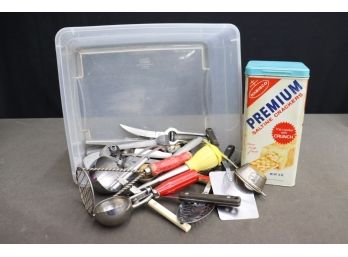 Vintage Nabisco Premium Saltine Tin And Grouping Of Old(ish) Kitchen Utensils And Tools