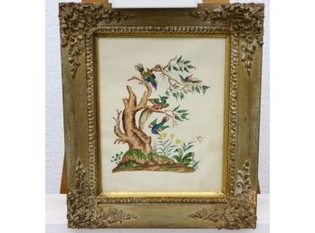 Pen And Ink Birds In Tree Drawing In Detailed Rococo Style Frame