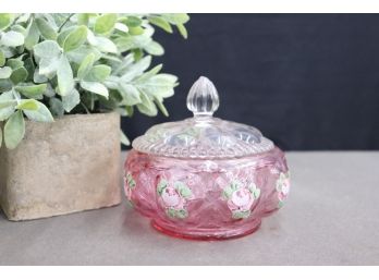 Rose And Clear Hand Painted Floral Pressed Glass Covered Vanity/condiment Jar