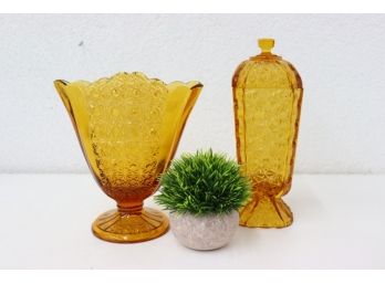 Two Classic Amber Glass Vases - Lidded Tower Vase And Dot Starburst Hearth Vase