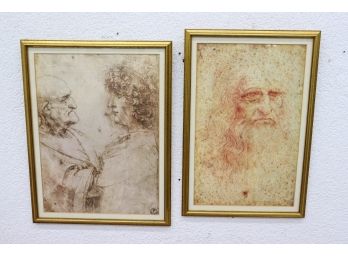 2 Matted And Framed Leonardo Da Vinci Repro Prints - 'old Man And Youth' And 'Man In Red Chalk'