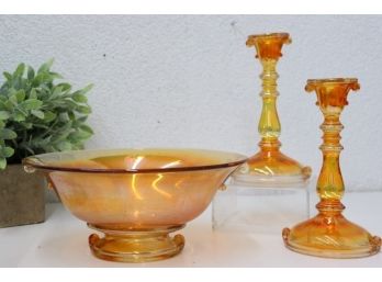 Imperial Marigold Double Scroll Bowl And Two (2)Tall Scroll Candlestick Holders