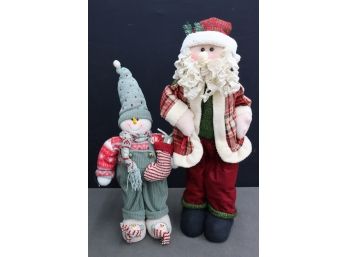 Cloth Santa Doll And Stuffed Snowman