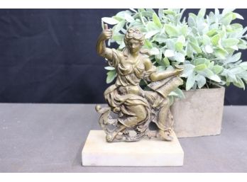 Neo-Classical Metal Statuette Of Female At Book Club Meeting, Mounted On Marble, Parts Missing