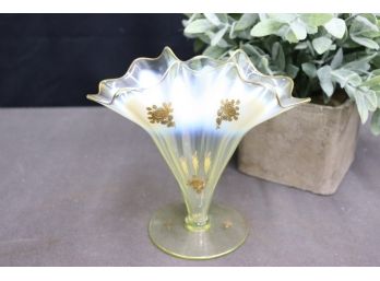Vintage Vaseline Glass Ruffle Pinched Rim Vase With Gold Rose Emboss And Rim