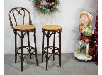 Two Bentwood Cane Seat Bar Stools - One With Back Rest, Other No Back