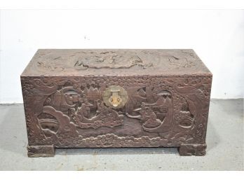 Oriental Figural Scenic Copiously Carved Camphor Wood Chest