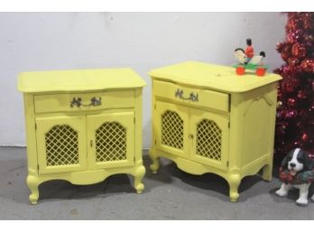 Cheery Yellow Pair Of French Provincial Child's Night Stands - Diamond Mesh Grills