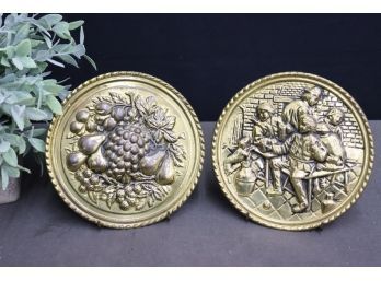 Two Repousse Metalwork Low Relief Round English Wall Plaques