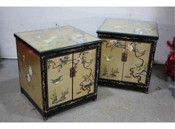 Pair Of  Black And Gold Lacquer Japonisme Cabinets With Elaborate Inlays