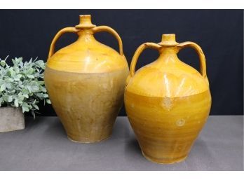 Two Vintage Wide Body Mustard Glaze Confit Jars With Handles And Narrow Neck