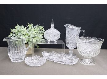 Lovely Group Lot Of Clear Pressed Glass Pitchers, Bowls, And Compotes