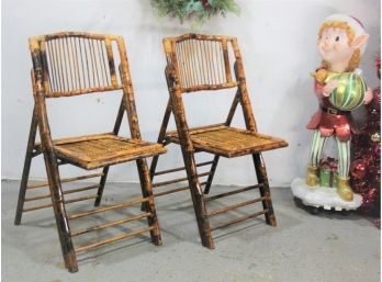 Pair Of Vintage Bamboo And Reed Folding Chairs