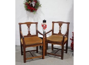 Two Mission Style Cane Seat Lyre Back Open Arm Chairs