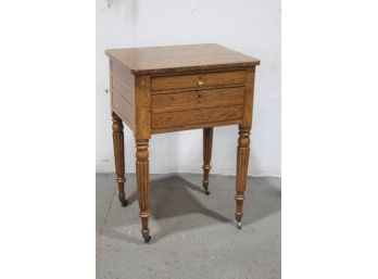 Vintage Oak And Maple Veneer Two Drawer Table - Upper Drawer Has Built In Organizer (partially Disassembled)