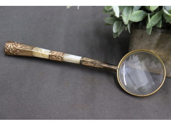 Elaborate Victorian Magnifying Glass Brass Tone And Carved Mother Of Pearl Handle, End Cap 1911