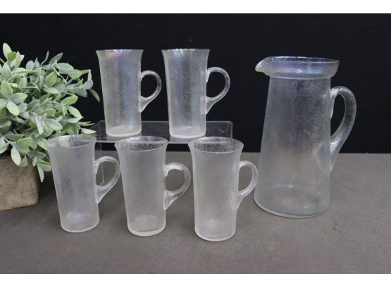 Vintage Mid-Century Modern Crackle-Frosted Glass Pitcher With 5 Matching Tall Mugs