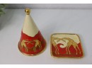 Vintage French Faience Red, Cream, And Gold  Giraffe Tile And Lidded Table Folly