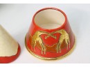 Vintage French Faience Red, Cream, And Gold  Giraffe Tile And Lidded Table Folly