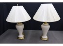 Two Brass And White Ceramic Amphorae Lamps With Corded Shades