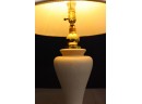 Two Brass And White Ceramic Amphorae Lamps With Corded Shades