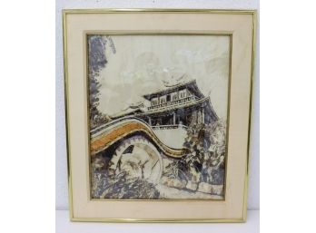 Pagoda - Vintage Artist Signed Butterfly Wing Collage Art - Y.M. Perng, Taiwan