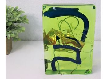 Hot-Casted Glass Block Collage Seafoam Green Ground And Polychrome Inner Elements