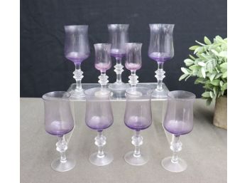 Group Lot Of Double Disc Stemmed Lavender Tint Wine Glasses - 7 Large And 2 Small
