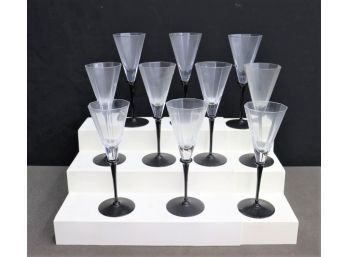 Group Of Ten Black Stem Deco Panel Crystal Champagne Flutes