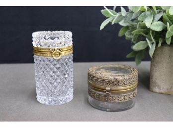 Two Cut Glass And Ormolu Hinged Cylindrical Boxes - One Short And One Tall