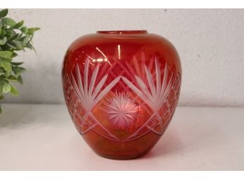Red Ruby Cut Clear Bohemian Glass Vase