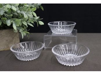 Group Lot Of 3 Vintage Glass Candy Bowls With Faceted Edges Pattern