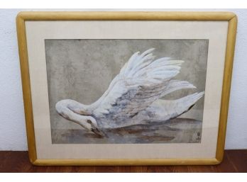 Large Framed White Swan Print Signed LR (asian Characters