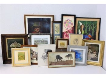 Group Lot Of Small Desk And Shelf Decorative Art In Frames