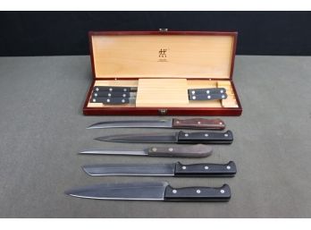 Group Lot Of Five Various Kitchen Knives AND Five Zwilling-JA Henckels Steak Knives With Wood Box